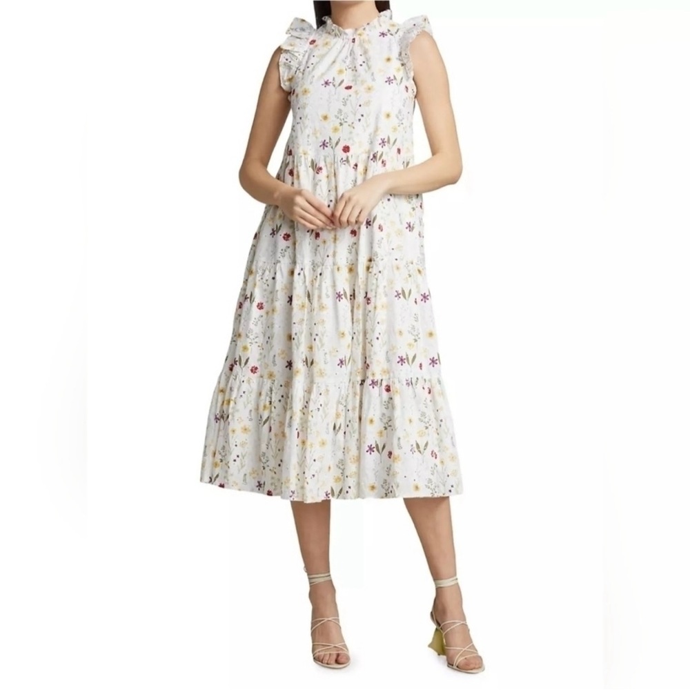 En saison Womens Eliza white floral flutter sleeve tiered lined midi dress S